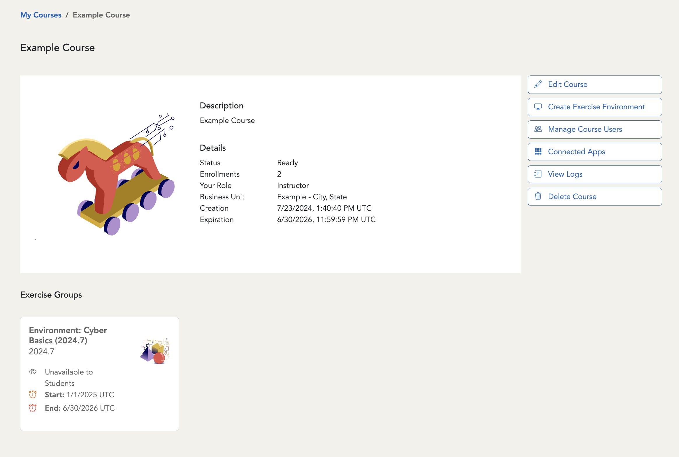 The course page is displayed with the course's exercise environments listed below the course details.