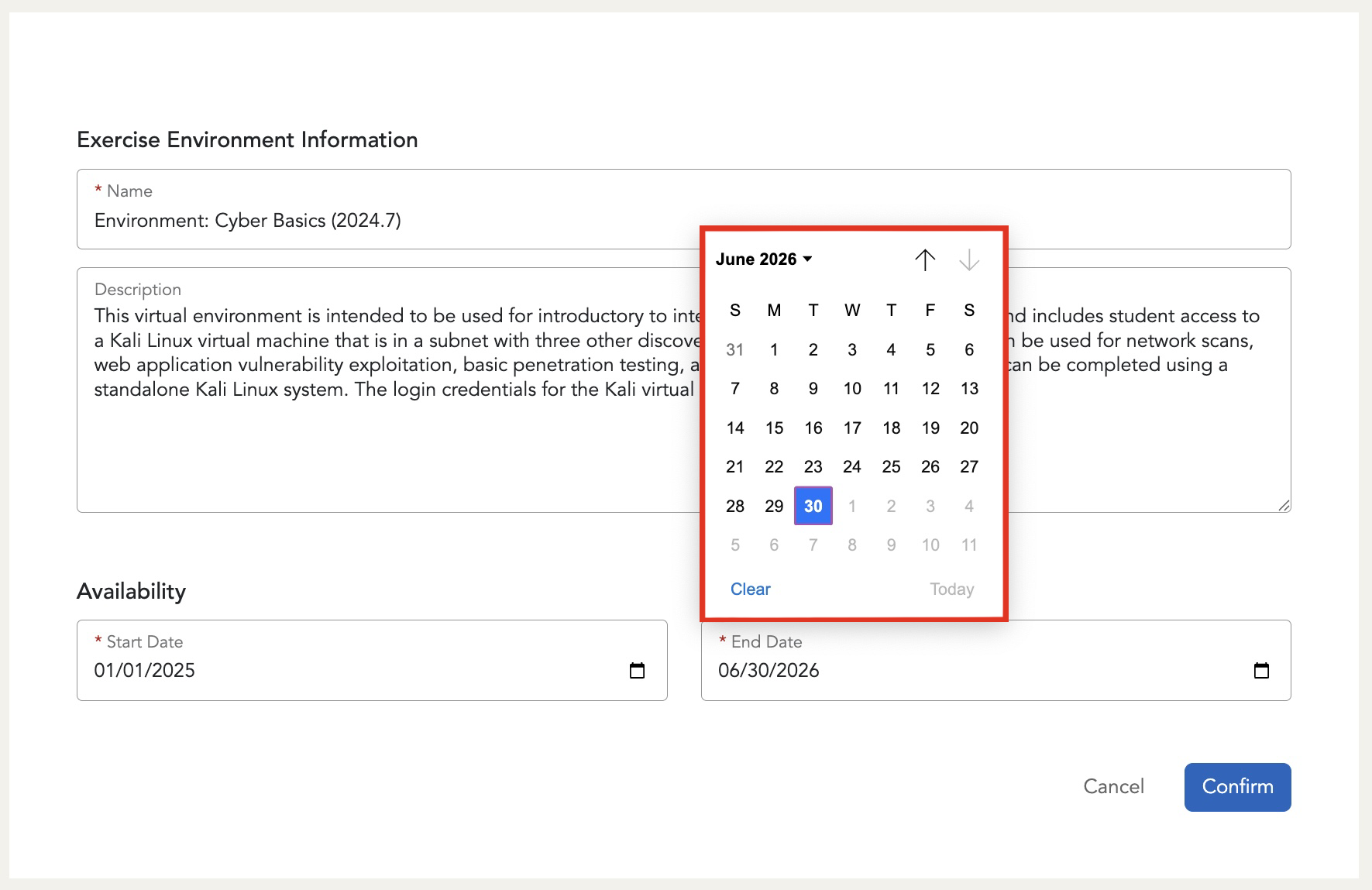 After selecting the start date or end date field, a calendar will display that allows you to pick dates.