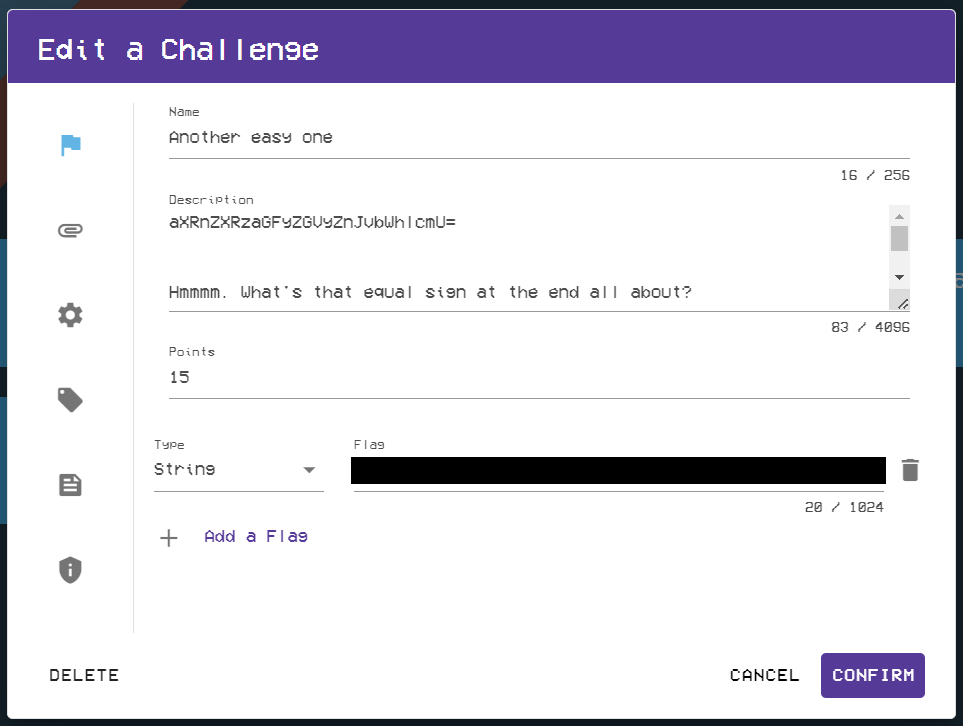 The Edit a Challenge Window contains certain fields, such as Name, Description, Points, Type, and Flag.