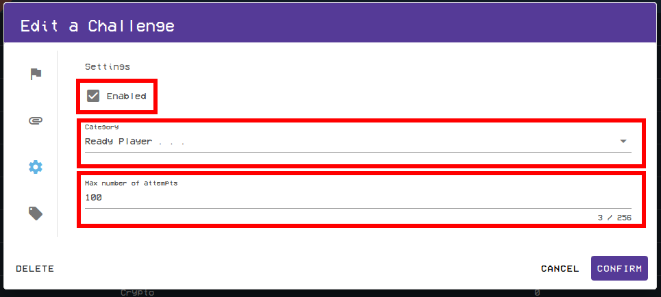 Under the Settings header, the Enabled Checkbox, Category field, and Max number of attempts field can be found.