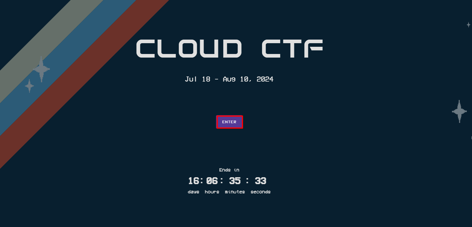 An example of the Cloud CTF start screen is shown. The "enter" button is located in the middle of the screen under the CTF's availability dates.