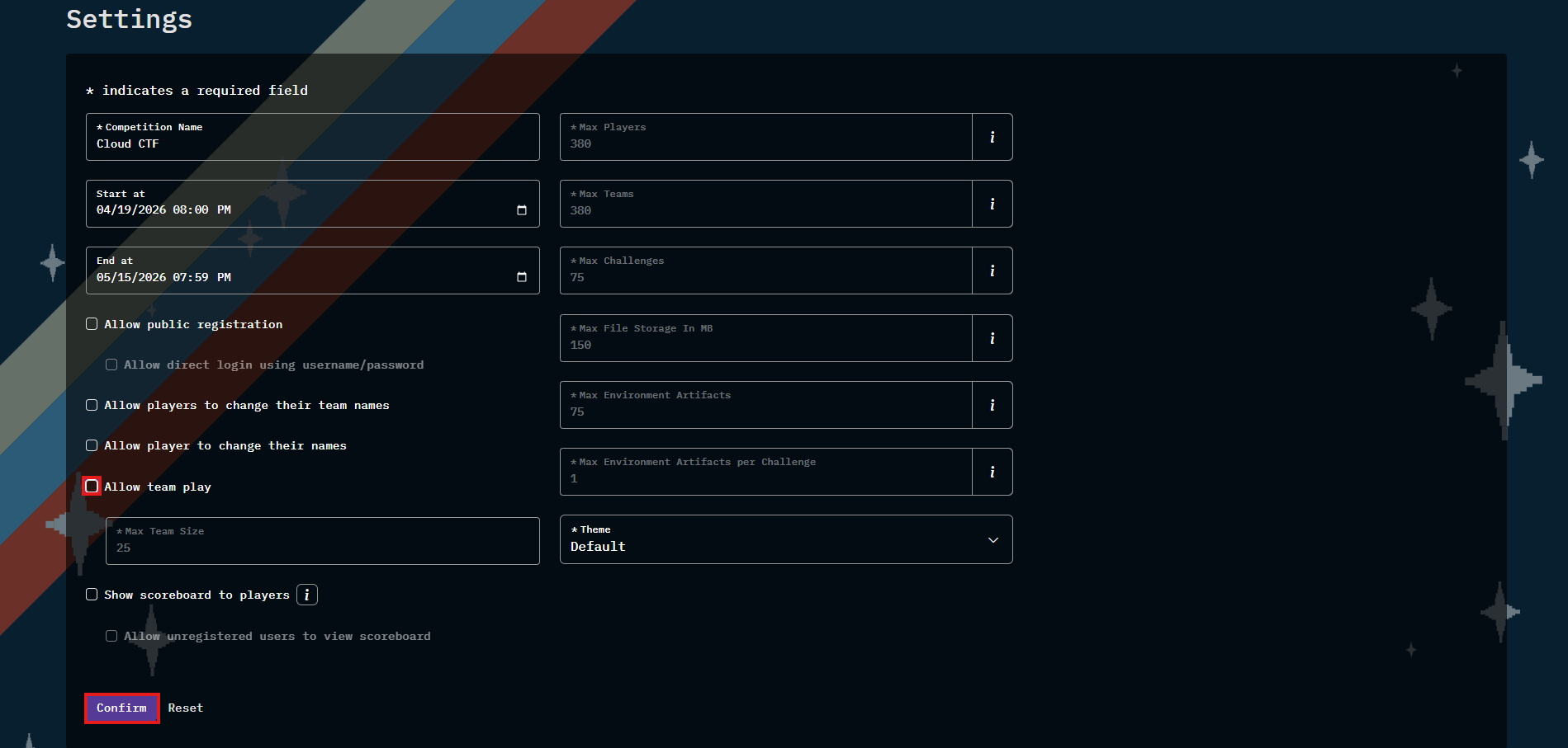 Navigate to the Admins page and click on the settings tab, which is left of the Players tab. Underneath the "Allow players to change their names" option, you can then uncheck "Allow team play." To the left of the "reset" button, click the "confirm" button to disable teams.