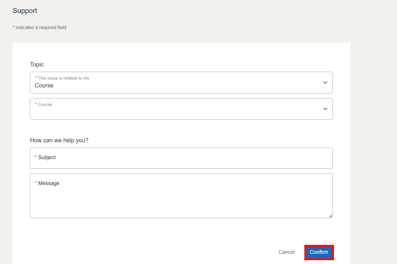 The following fields are displayed in descending order: Topic, Subject, Message. Left to right, the cancel and confirm buttons are available.