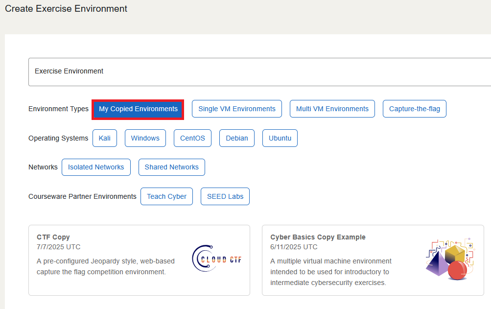My Copied Environments is first in the list of environment types.