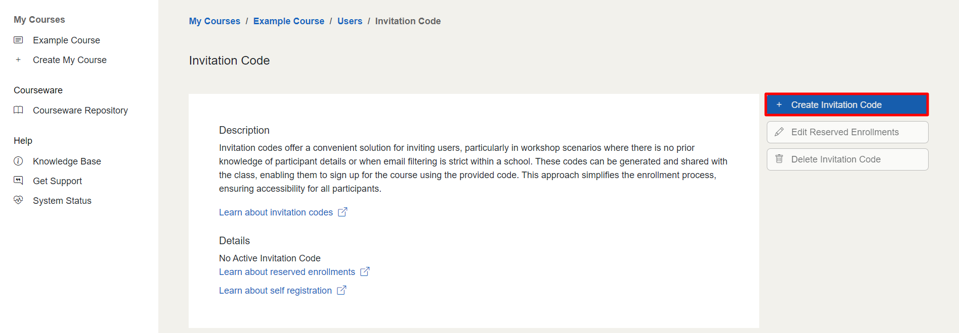 The “Create Invitation Code” button is on the right side of the screen above the “Edit Reserved Enrollments” button.