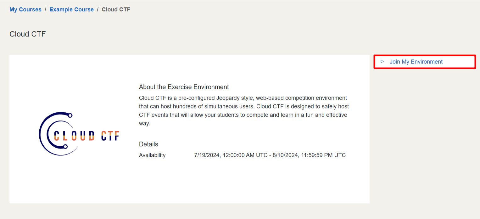 The "join" button is located on the exercise environment page below the Availability section.
