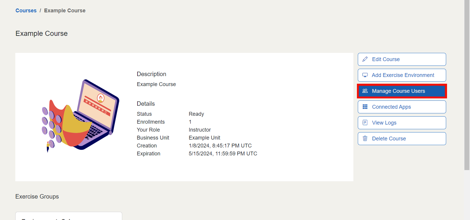 The "Manage Course Users" button is located below the "Add exercise environment" button.