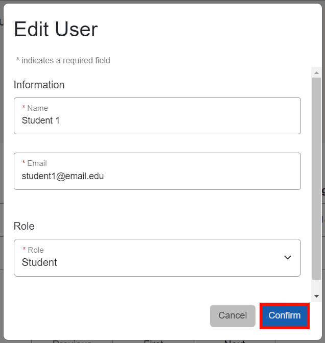 The Edit User page lists, in descending order, name, email, and roles, with options of student, ta, and instructor. Cancel and Confirm are in the bottom right.