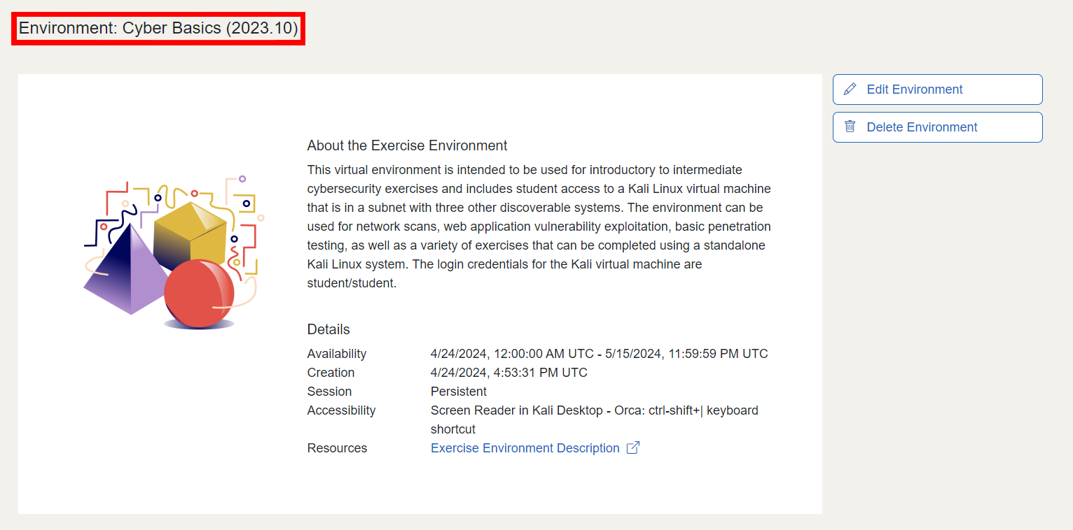 Exercise environment named "Environment: Cyber Basics (2023.10).