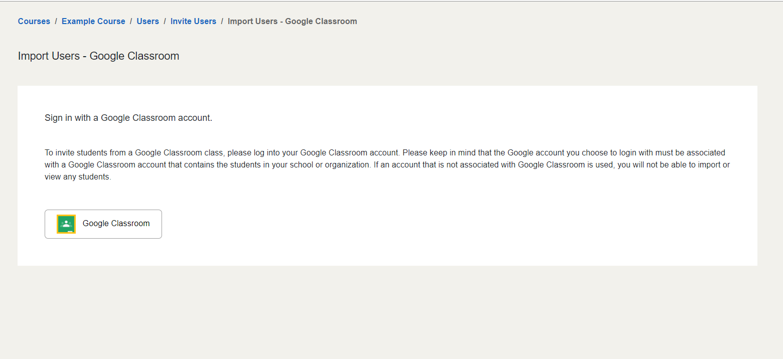 The Important Users from Google Classroom dialog is shown with the Sign in button in the middle and cancel in the bottom right.