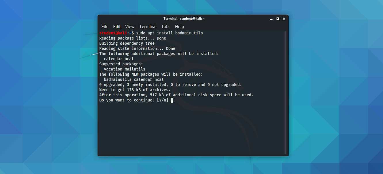 Installing a package will prompt the terminal to display the amount of disk space used, as well as confirmation by typing Y or N.