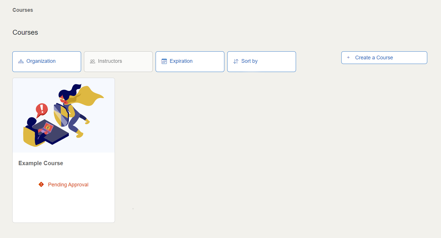 A pending course card displays the course name and its "Pending approval" state.