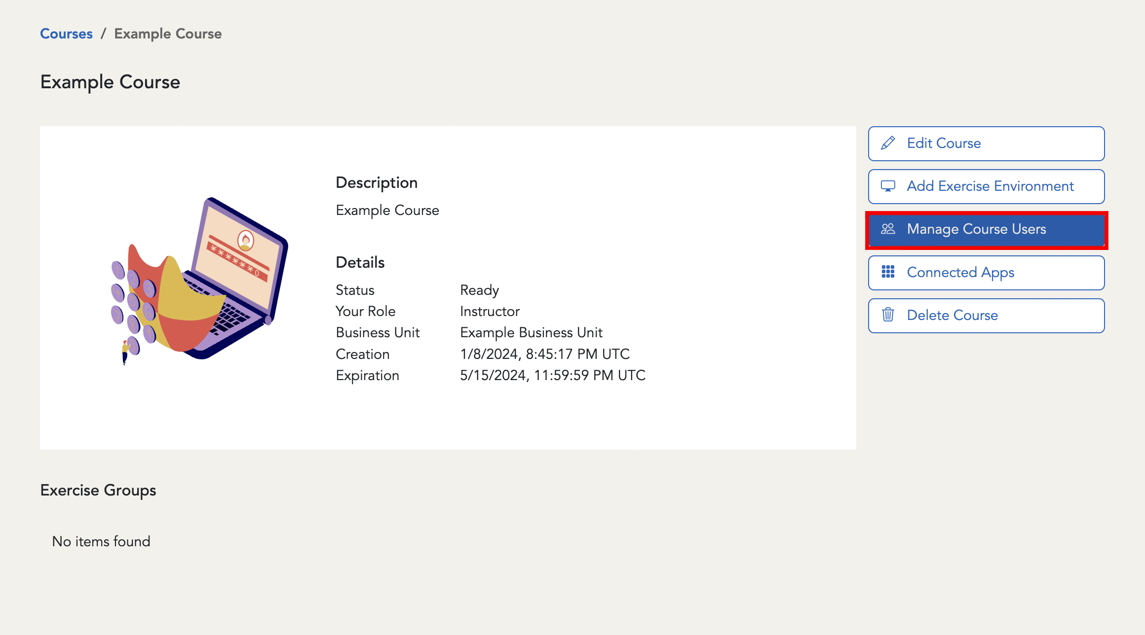 The "Manage Course Users" button is located below the "Add exercise environment" button.