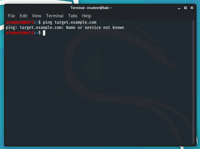 Running "ping target.example.com" in a terminal results in a message stating "Name or service not known"