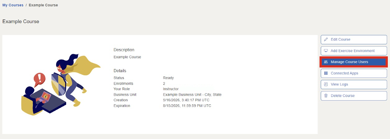 "Manage Course Users" is between "Add Exercise Environment" and "Connected Apps" in navigation.