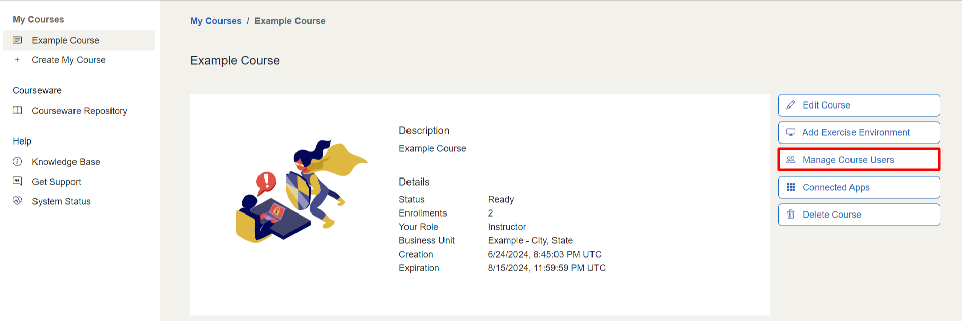 The "Manage Course Users" button is the third in the set of action buttons on a course page.