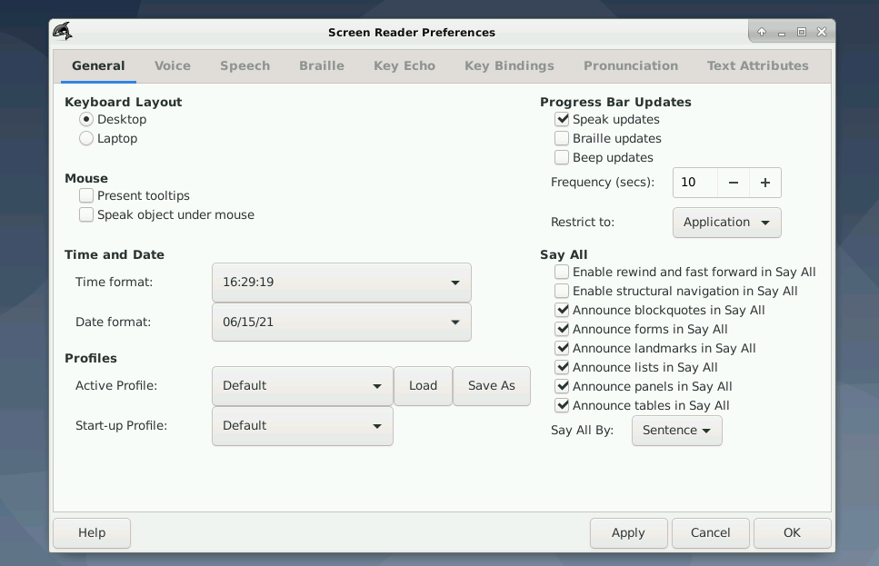 The screen reader preference page has configurations for general, voice, speech, braille, key echo, key bindings, pronunciation, text attributes settings.