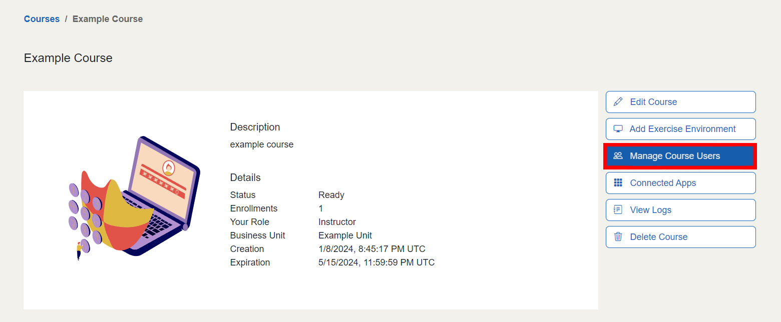 The "Manage course users" button is located between the "Add exercise environment" and "Connected apps" buttons.
