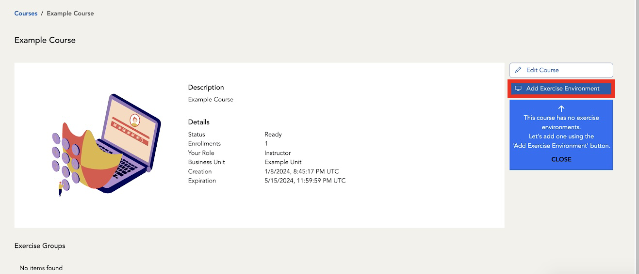 The "Add exercise environment" button is located at the top right of the course page.