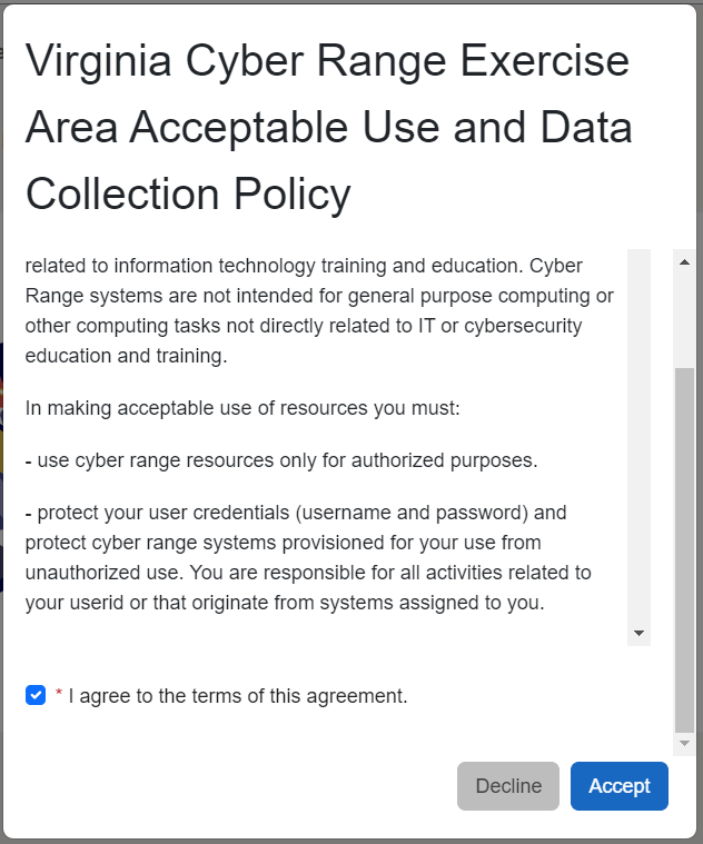 In the pop-up window, the policy appears. Underneath the policy, a checkbox is located to the left of the agreement statement. In the bottom right of the window is a "Decline" button with an "Accept" button to its right.