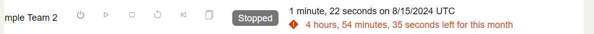 The displayed team is currently active, and on the right of the team block shows an in progress message and that 5 hours remain for the month.