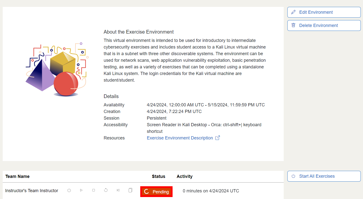 An environment page is shown. In descending order, the name of the environment, an example image from the environment, the description, and details are listed. Underneath that, you'll find the spinning circle icon to the left of the exercise environment’s status. The "pending" status is depicted in the image.